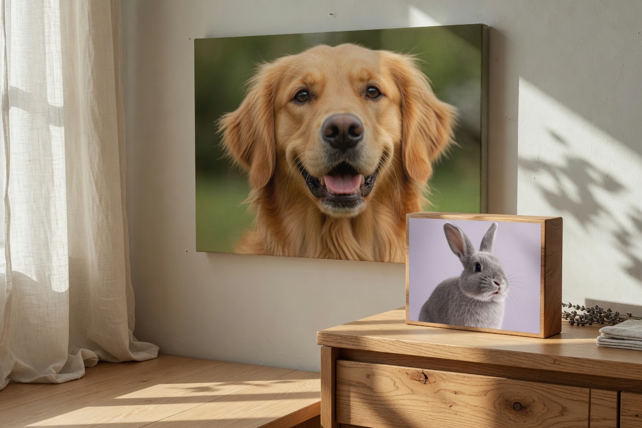 Example canvas printed with a golden retriever and a wood block printed with a rabbit, on a sideboard.