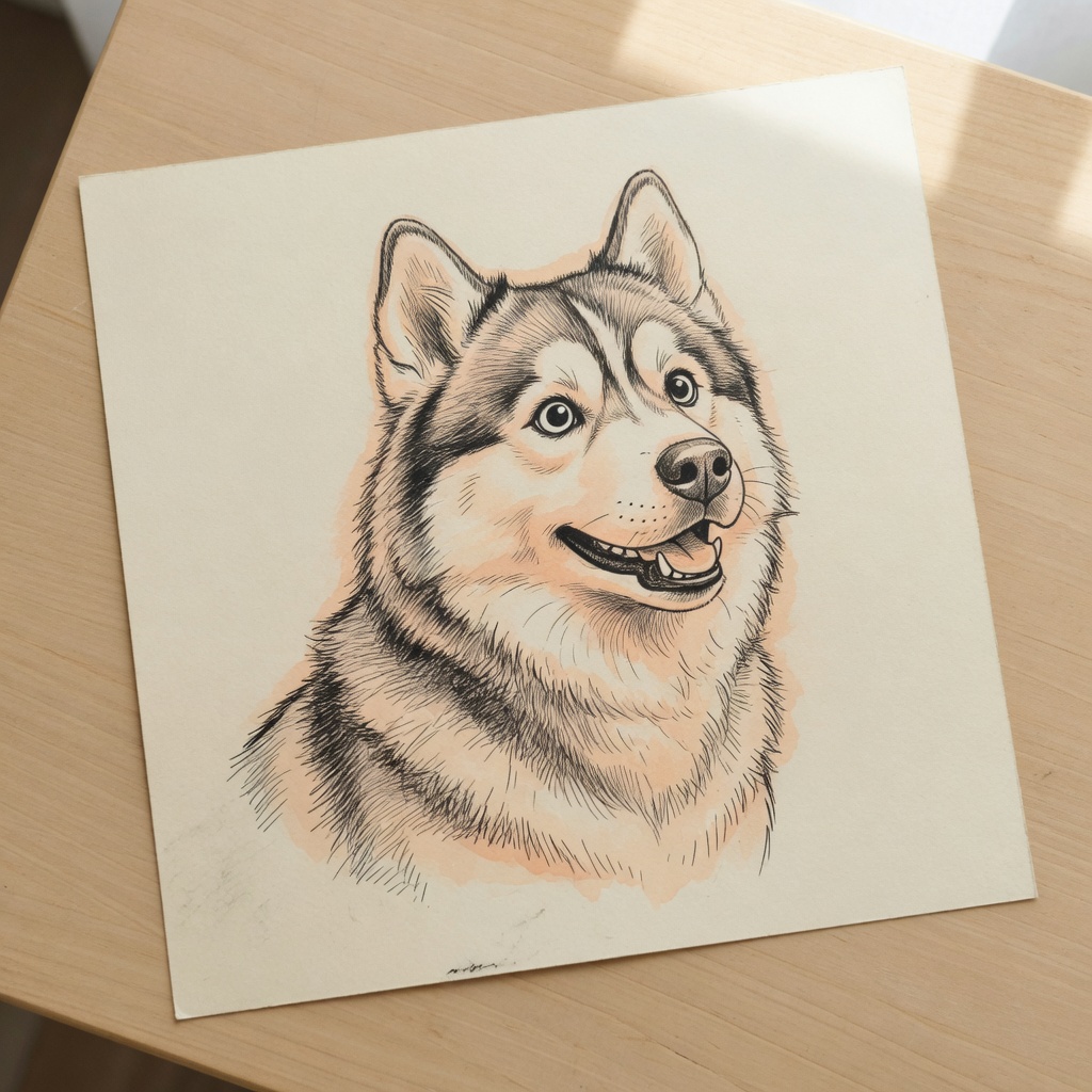 Line drawing example of a husky.