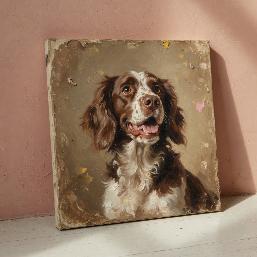 Example oil portrait of a brown and white spaniel, printed on canvas.