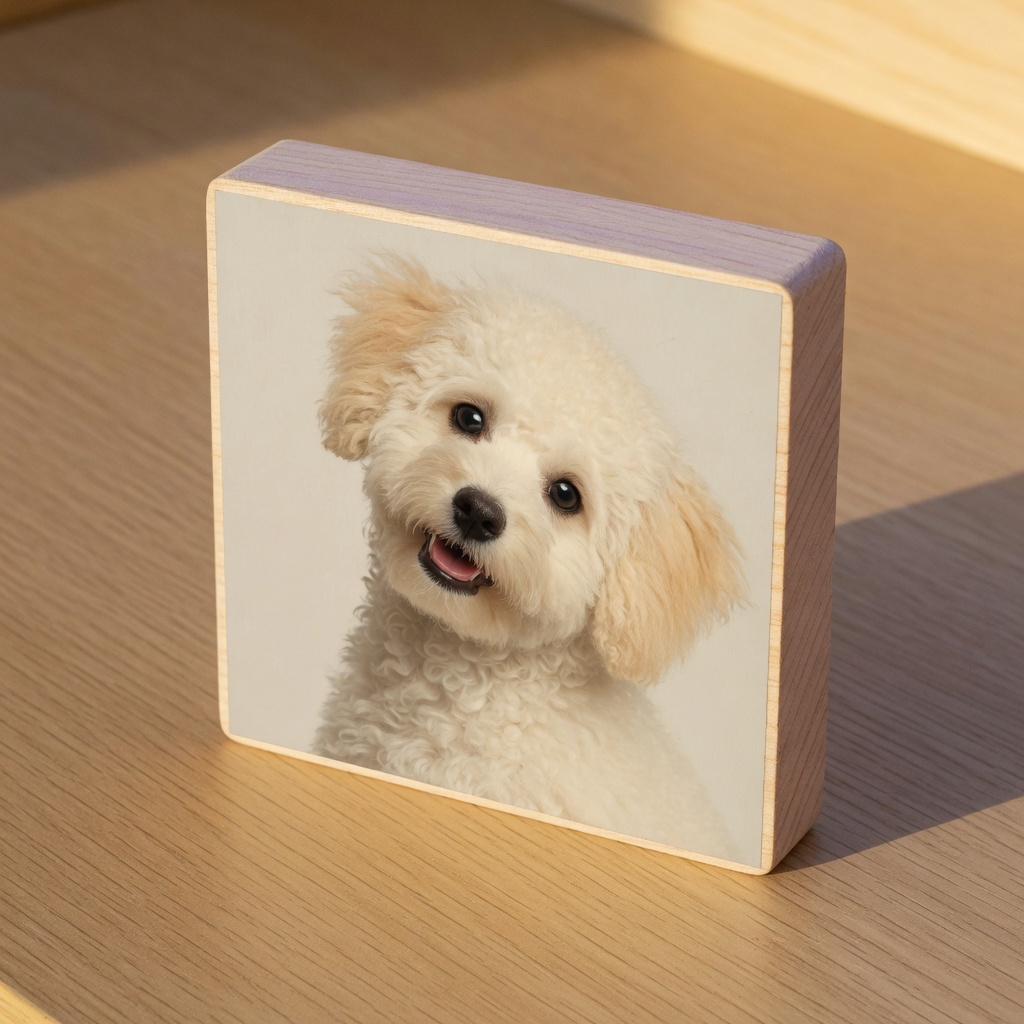 Example wood block printed with a cream dog.